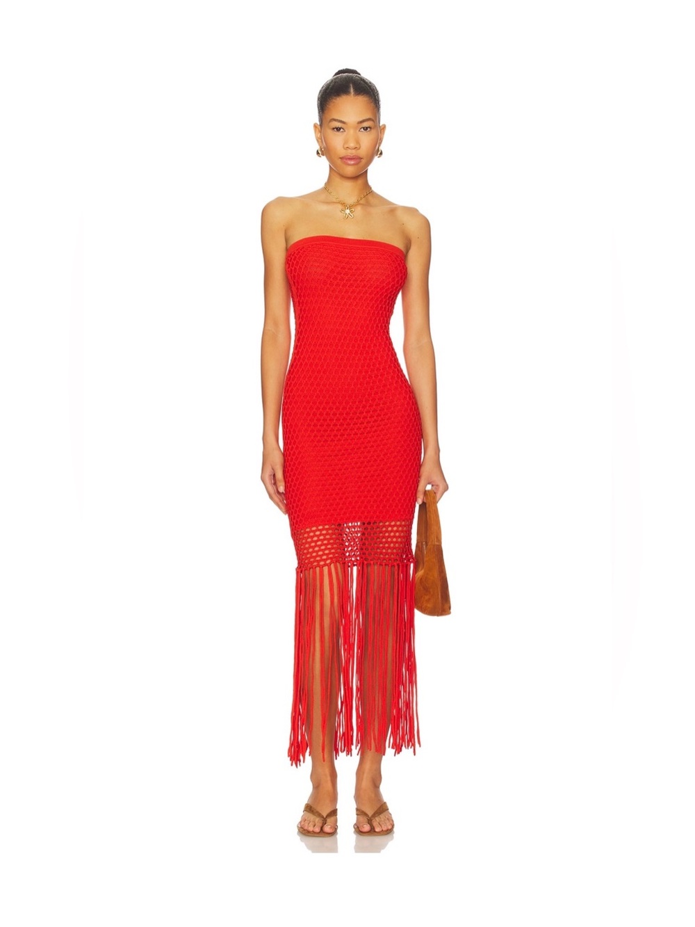 ASOS Strapless Red/Orange Crochet Fringe Midi Dress